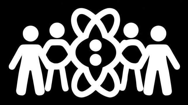 Five stylized human figures holding hands surround a central abstract knot symbol