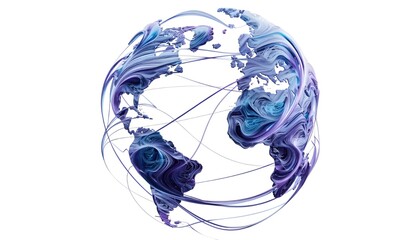 Abstract 3D Digital World Globe with Network Connections and Fluid Flowing Lines - Concept of Global Connectivity, AI Data