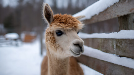 Fototapeta premium Cute Alpaca with Warm Brown Fur Stands Peacefully Near a Snow-Covered Wooden Fence in a Winter Wonderland with Soft Bokeh Background
