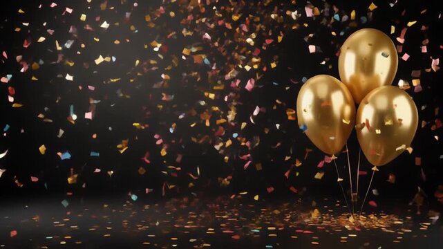 Celebratory gold balloons floating amidst colorful confetti on a dark background for a festive event or party decoration