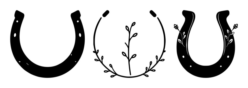 Horseshoe set with minimalist line art featuring leafy sprigs, small dots, black outlines with white background and monochrome palette