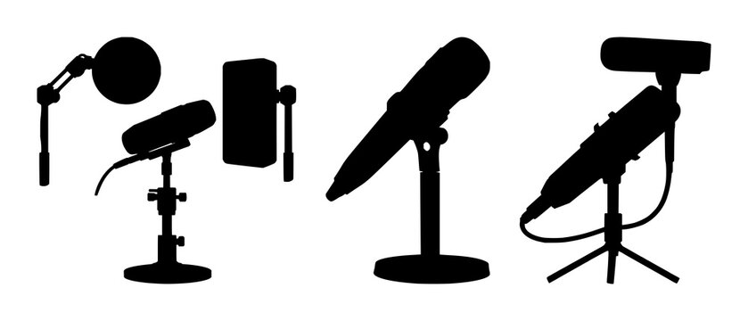 Broadcasting microphone set with a solid black silhouette on a sleek desktop stand featuring audio, recording, podcasting with sound and studio equipment