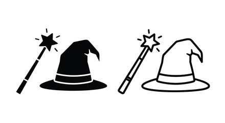 Two sets of wizard hats and magic wands in black and white © Mama