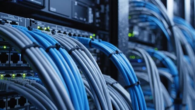 Server room cables connected to network switches with green lights, organized in a data center with multiple rows of racks in background, for technology and networking use