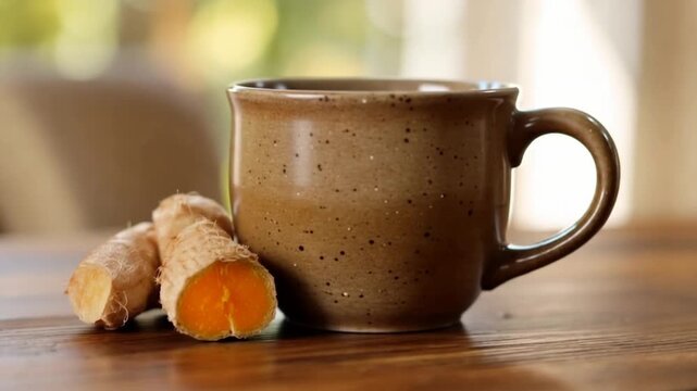 Turmeric root and ceramic mug on wooden table with blurred background