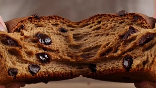 Hands break open delicious fresh baked bread loaf closeup