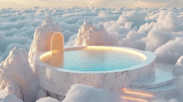 Enjoy a unique experience in a bath surrounded by soft clouds and mountains. Water reflects the light as the sun sets, creating a dreamy atmosphere for relaxation