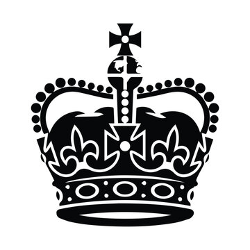 A detailed black and white illustration of the british crown jewels