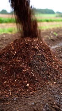 Brown mulch being poured on ground.