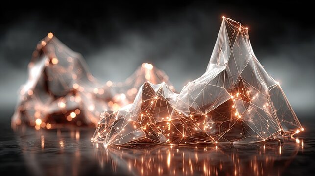 Illuminated polygonal mountain forms emerge from a dark reflective surface shrouded in mist
