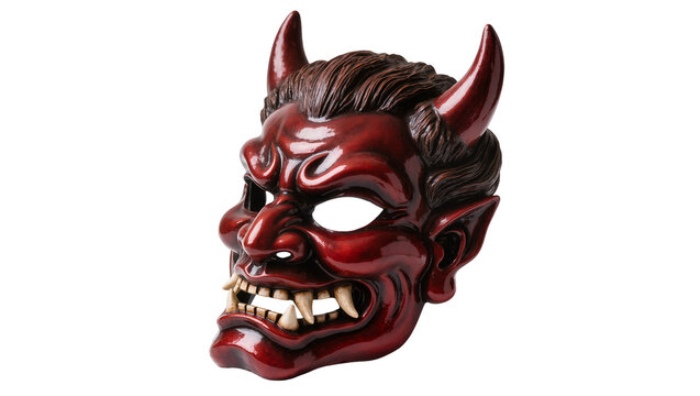 Traditional Japanese Hannya mask, a menacing red demon or oni face with sharp horns and fangs, isolated on a clean background