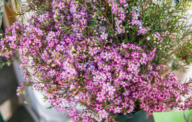 Obraz premium Flower shop with colorful spring flowers and bouquets, gift concept for Mother’s Day, Women’s Day and celebrations