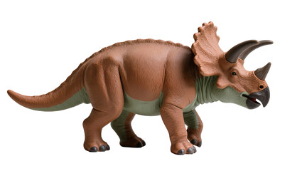 Authentic brown and green Triceratops dinosaur toy, a detailed prehistoric creature model isolated on transparent background, great for kids © Niamh