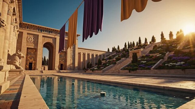 Majestic ancient Mesopotamian palace complex featuring ornate columns, winged bull statues, and terraced gardens at golden hour for historical grandeur concept