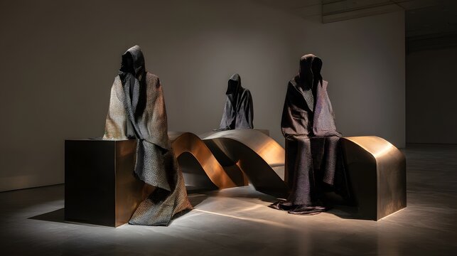 Dark figures draped in intricate fabrics stand on curved metallic platforms