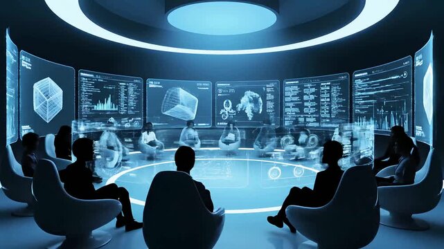 Business team meeting in futuristic high-tech conference room with data screens