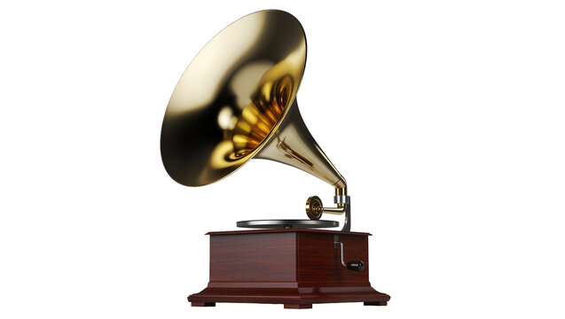 Vintage gramophone with a gleaming golden horn and classic wooden base, an antique music player isolated on transparent background PNG
