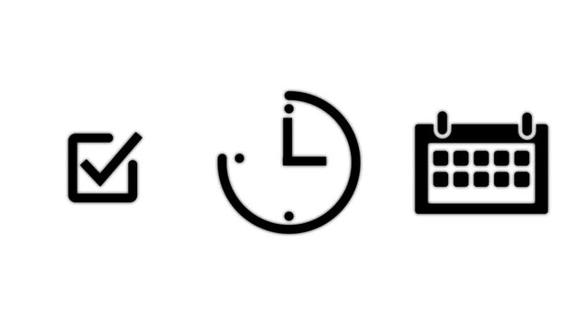 A digital icons of a check mark, clock, and calendar, symbolizing task completion, time tracking, scheduling, and productivity management in a modern digital workflow white black background