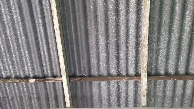 Corrugated metal roof with wooden beams and rusty metal strips
