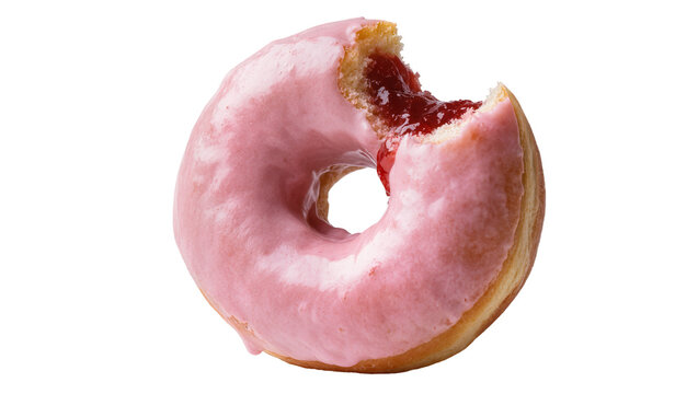Delicious pink frosted donut with a bite taken out, revealing sweet red jelly filling, isolated on transparent background, a tempting dessert PNG