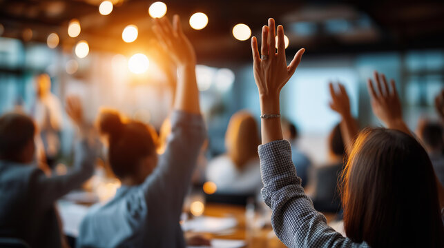 Wide bright conference audience scene of multiple raised hands visible above the heads of seated attendees a presenter implied at the front of the frame warm bright conference