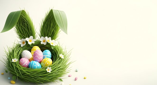 Easter bunny nest with colorful eggs and floral decorations