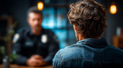 Obraz premium Wide atmospheric dark interrogation room scene of a faceless suspect from behind seated with back turned to a police officer standing behind them the officer's posture suggesting