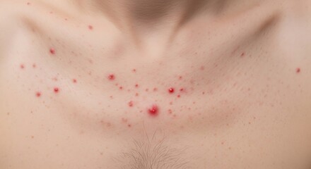 Fototapeta premium Close up view of red acne breakouts and skin irritation on a person's upper chest and neck area
