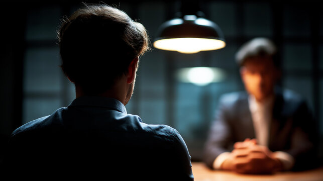 Wide atmospheric dark interrogation room scene of a faceless investigator and lawyer from behind seated on one side of a bare table a suspect's silhouette visible across from
