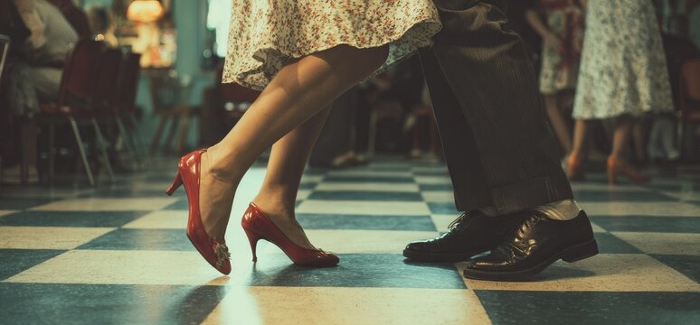 Close up of a couple dancing on a checkered floor, showcasing their elegant footwear and synchronized steps.
