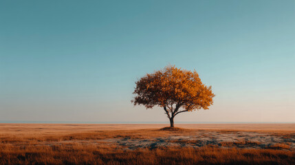 Naklejka premium Single tree with warm autumn foliage standing alone in an expansive dry field under a clear blue sky creating a minimal and peaceful natural landscape scene