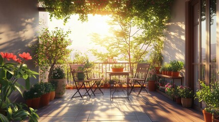 Fototapeta premium Sunlight Shines on a Garden Terrace With Chairs and Plants in the Early Morning