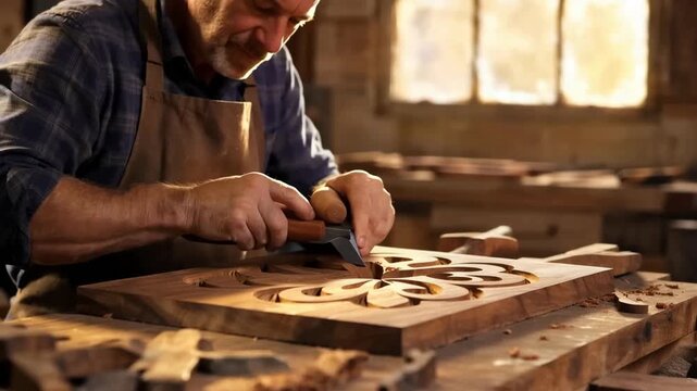 Artisan woodworker crafting intricate patterns in workshop traditional tools warm sunlight atmosphere