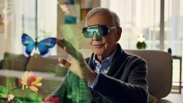 Elderly man experiences virtual travel through augmented reality glasses in his living room with immersive holographic landscapes