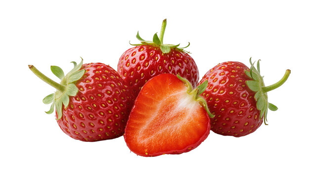 Four fresh red strawberries, one perfectly cut in half revealing vibrant pulp and tiny seeds, naturally isolated on transparent background for healthy food concepts