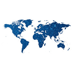 Obraz premium Global Technology Network Map Illustration - World Circuitry Design for Digital Connectivity and Data Visualization