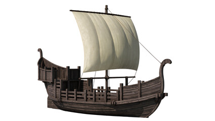 Detailed wooden Viking ship with a single beige sail, an ancient historical sailing vessel isolated on transparent background, ready for maritime adventure PNG © Francisco