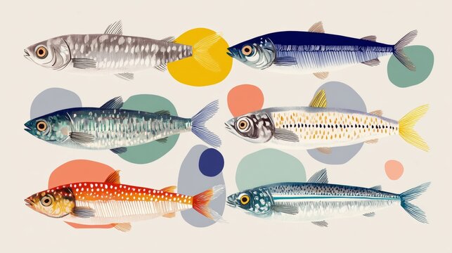 colorful sardine fish pattern with simple shapes and symmetrical composition