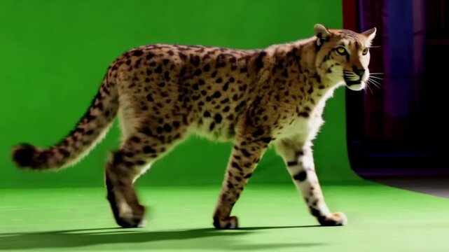 A serval walks across a green screen studio background, showcasing its distinctive coat and agile movements for a wildlife or educational project