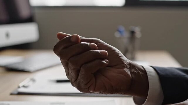 Businessman's hand gesturing in office, with computer and papers on desk