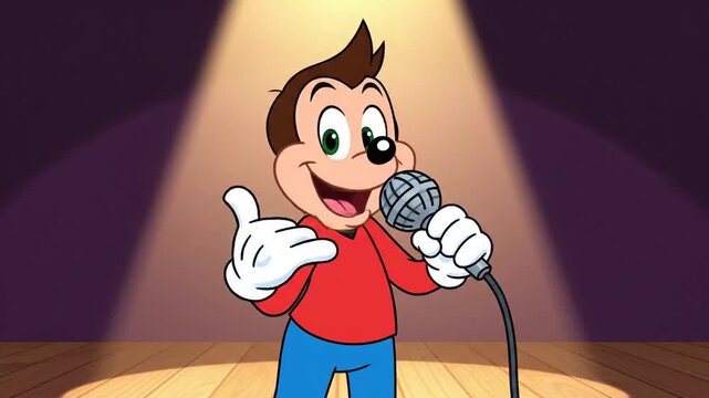 Cartoon man singing with microphone on stage with spotlight in background for entertainment