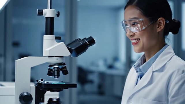Female scientist in a lab coat using a microscope to study medical samples in a laboratory, side view.