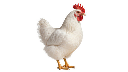 A white domestic chicken with a vibrant red comb and wattle, standing gracefully, isolated PNG, ideal for farm and poultry related projects © Francisco