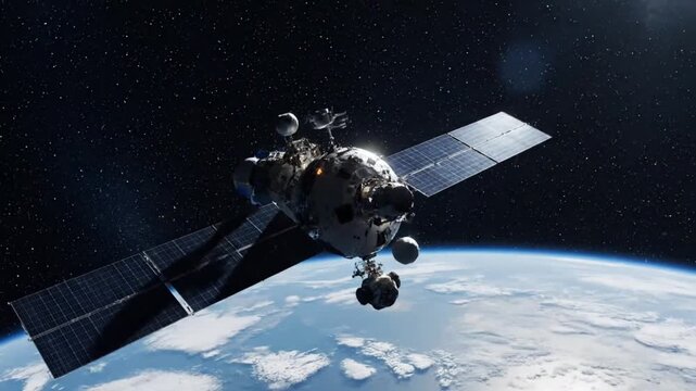 A detailed rendering of a sophisticated space station module orbiting the vibrant blue curvature of planet Earth.