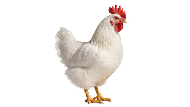 A white domestic chicken with a vibrant red comb and wattle, standing gracefully, isolated PNG, ideal for farm and poultry related projects