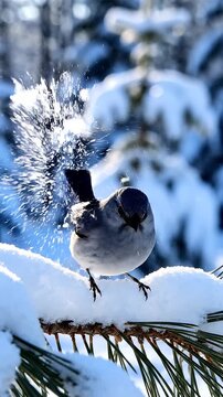 Dark eyed junco on snow branch.