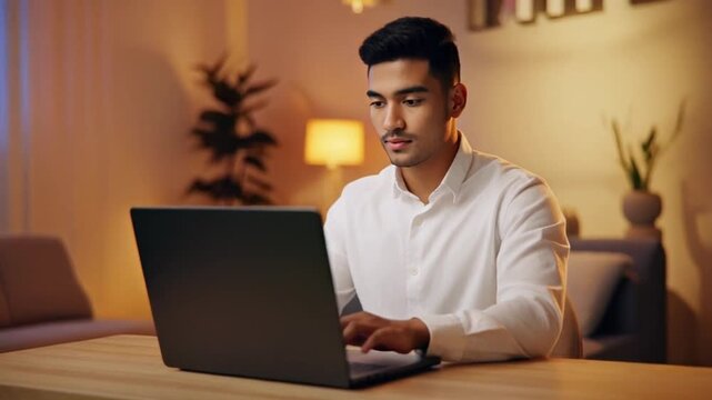 Man working on laptop at wooden desk in living room with sofa and plants at night