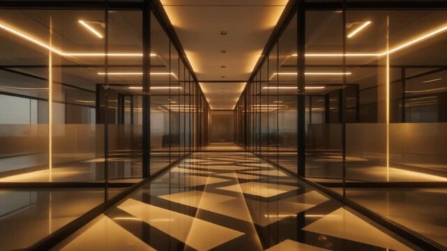 Modern office interior with glass walls and illuminated ceiling, people walking in background, corporate environment ambiance