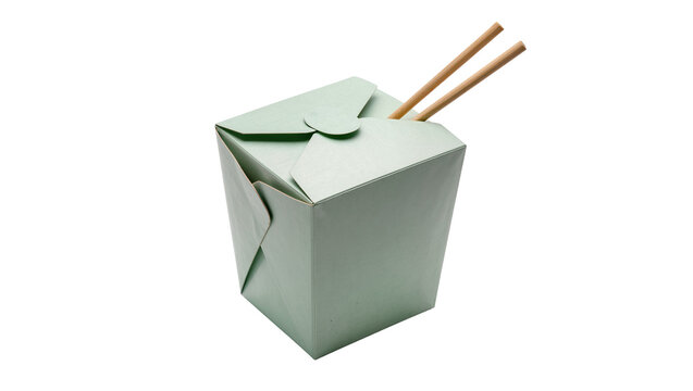Light green Chinese takeout box with wooden chopsticks, isolated on transparent background, ready for Asian food delivery concepts PNG