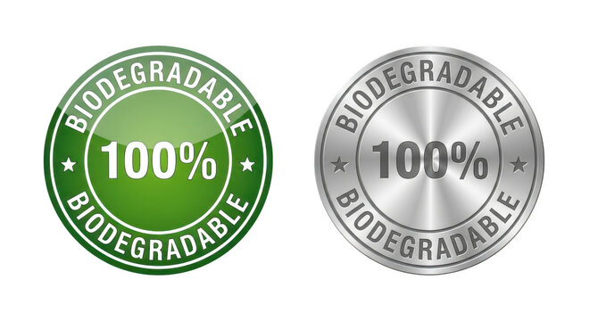 Biodegradable 100 percent product labels, green glossy and silver metallic eco-friendly badges, sustainable packaging certification icons